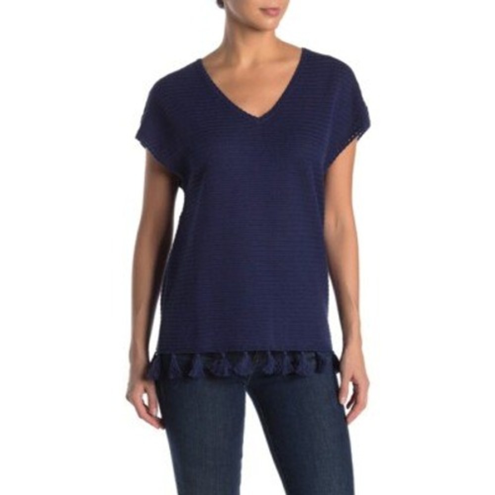 Tommy Bahama Tunic Tassel Hem‎ Medium Navy Womens Crochet Knit V-Neck Top NEW